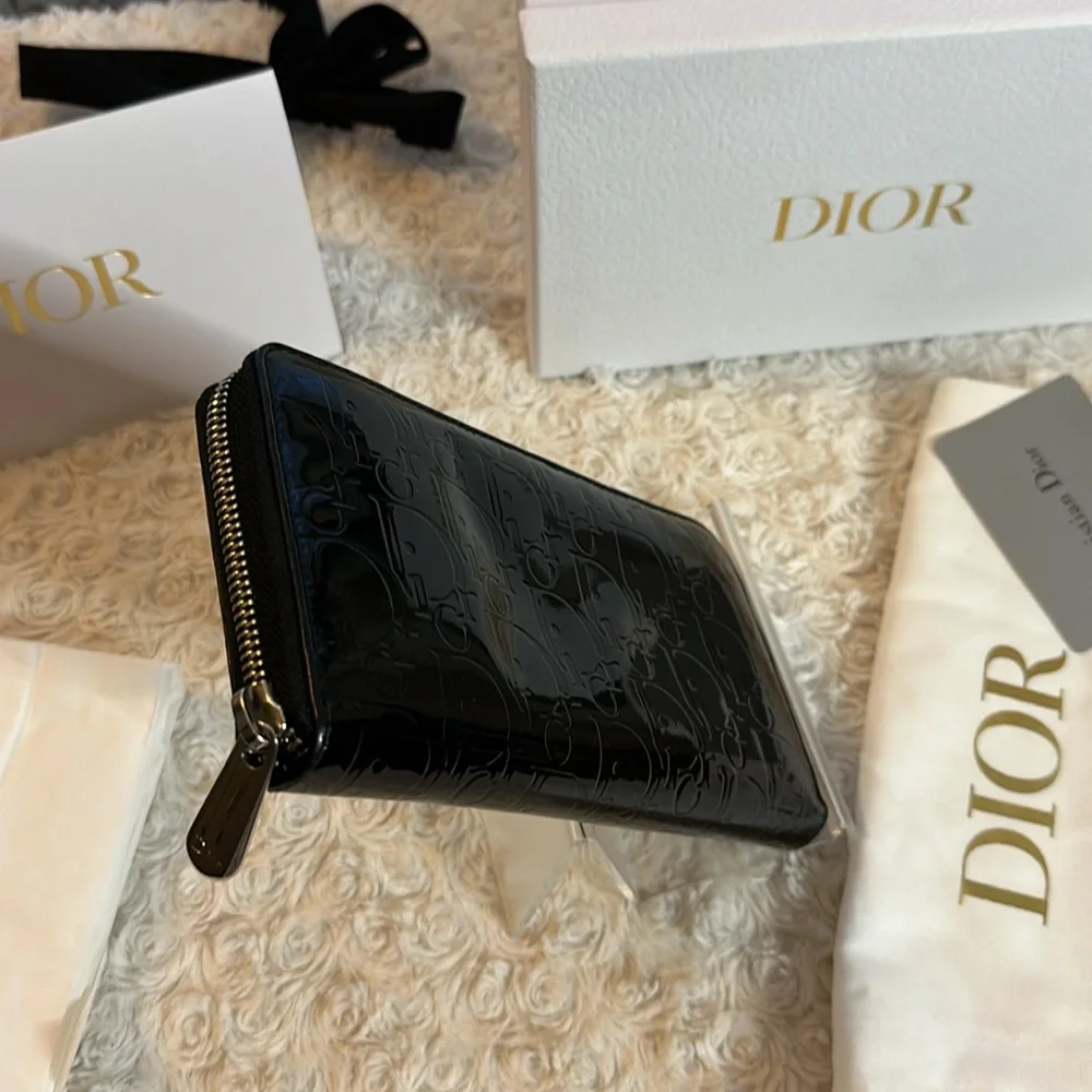 Dior zippy long wallet Lambskin Vernis leather oblique pattern Full Incl…